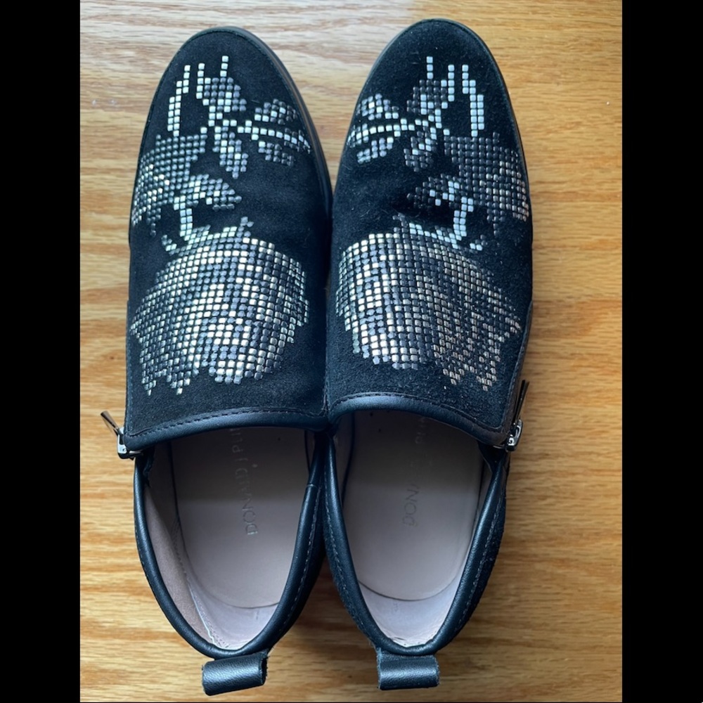 Donald Pliner suede and leather zip on studded rose flat loafers